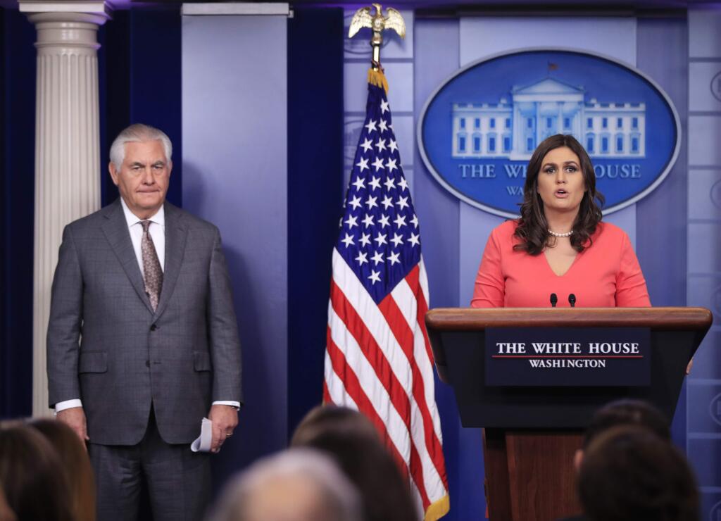 Secretary of State Rex Tillerson is introduced by White House press secretary Sarah Huckabee Sanders during the daily press briefing in the Brady Press Briefing Room at the White House, in Washington, Monday, Nov. 20, 2017. (AP Photo/Manuel Balce Ceneta)