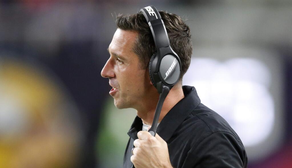 FILE - In this Aug. 27, 2017, file photo, San Francisco 49ers head coach Kyle Shanahan watches from the sideline during the second half of an NFL preseason football game against the Minnesota Vikings in Minneapolis. Shanahan is the fourth coach in San Francisco in as many years but has a six-year contract in a sign of possible stability. (AP Photo/Jim Mone, File)