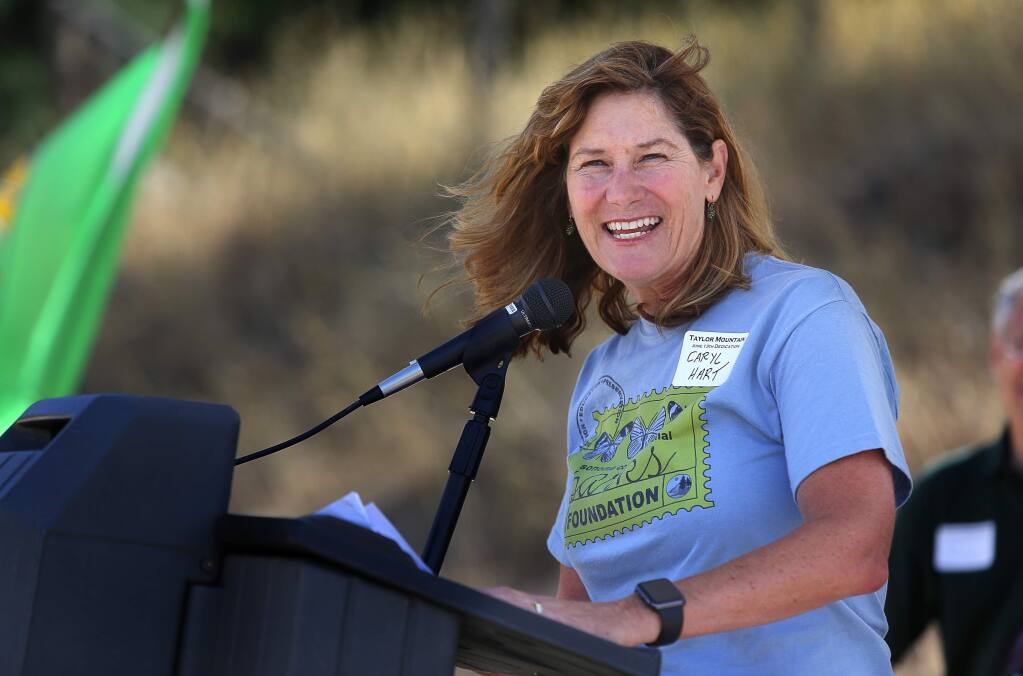 Caryl Hart, director of Sonoma County Regional Parks, addresses the crowd gathered for the dedication ceremony for Taylor Mountain Regional Park & Open Space Preserve, in Santa Rosa, on Saturday, June 13, 2015. (Christopher Chung/ The Press Democrat, 2015)