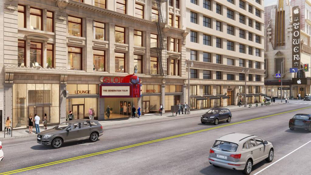 Architectural rendering of The Garland, located at 740 South Broadway in downtown Los Angeles, the home to the Globe Theatre and coming retail and creative office space. The building in 2019 is being renovated by a group from Presidio Bay Ventures to bring modern amenities while maintaining the historic facade and components of the interior. The Garland is just steps away from the coming Apple store. (courtesy image)