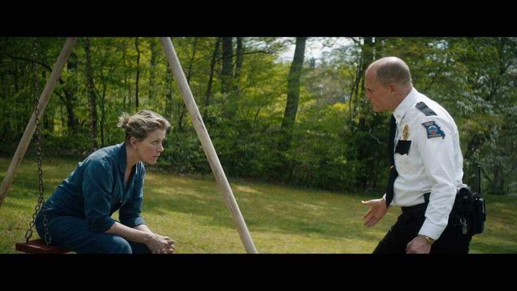 After months have passed without a culprit in her daughter's murder case, Mildred Hayes (Frances McDormand) makes a bold move, painting three signs leading into her town with a controversial message directed at William Willoughby Woody Harrelson), the town's revered chief of police. (Fox Searchlight Pictures)