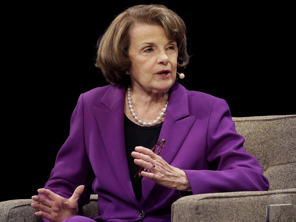 FILE - In this Aug. 29, 2017, file photo, United States Sen. Dianne Feinstein, D-Calif., speaks at the Commonwealth Club in San Francisco. Feinstein, a veteran California Democrat, said Monday, Oct. 9, 2017, that she's running for another term. The 84-year-old took to Twitter to declare that 'I'm all in.' Democrat Kevin de Leon, president of California State Senate, announced Sunday, Oct. 15, 2017 he will challenge Sen. Dianne Feinstein in next year's election. (AP Photo/Jeff Chiu, File)