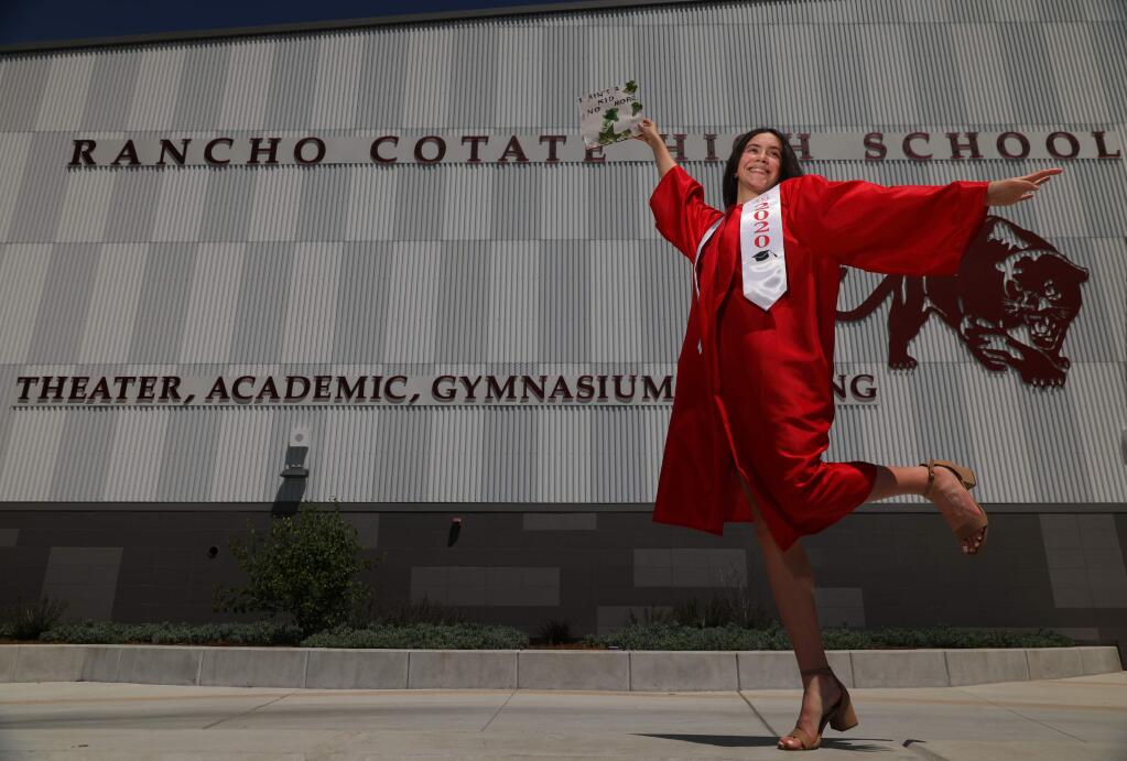 Rancho Cotate graduating senior Faith Harvey created the senior slide show portion of her school's 2020 virtual commencement video.(Christopher Chung/ The Press Democrat)