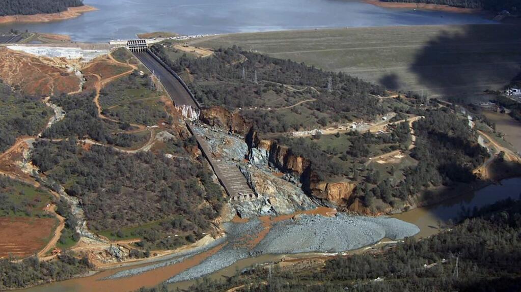 FILE - This Feb. 27, 2017, file image provided by KCRA shows Oroville Dam's crippled spillway in Oroville, Calif. (KCRA via AP, File)
