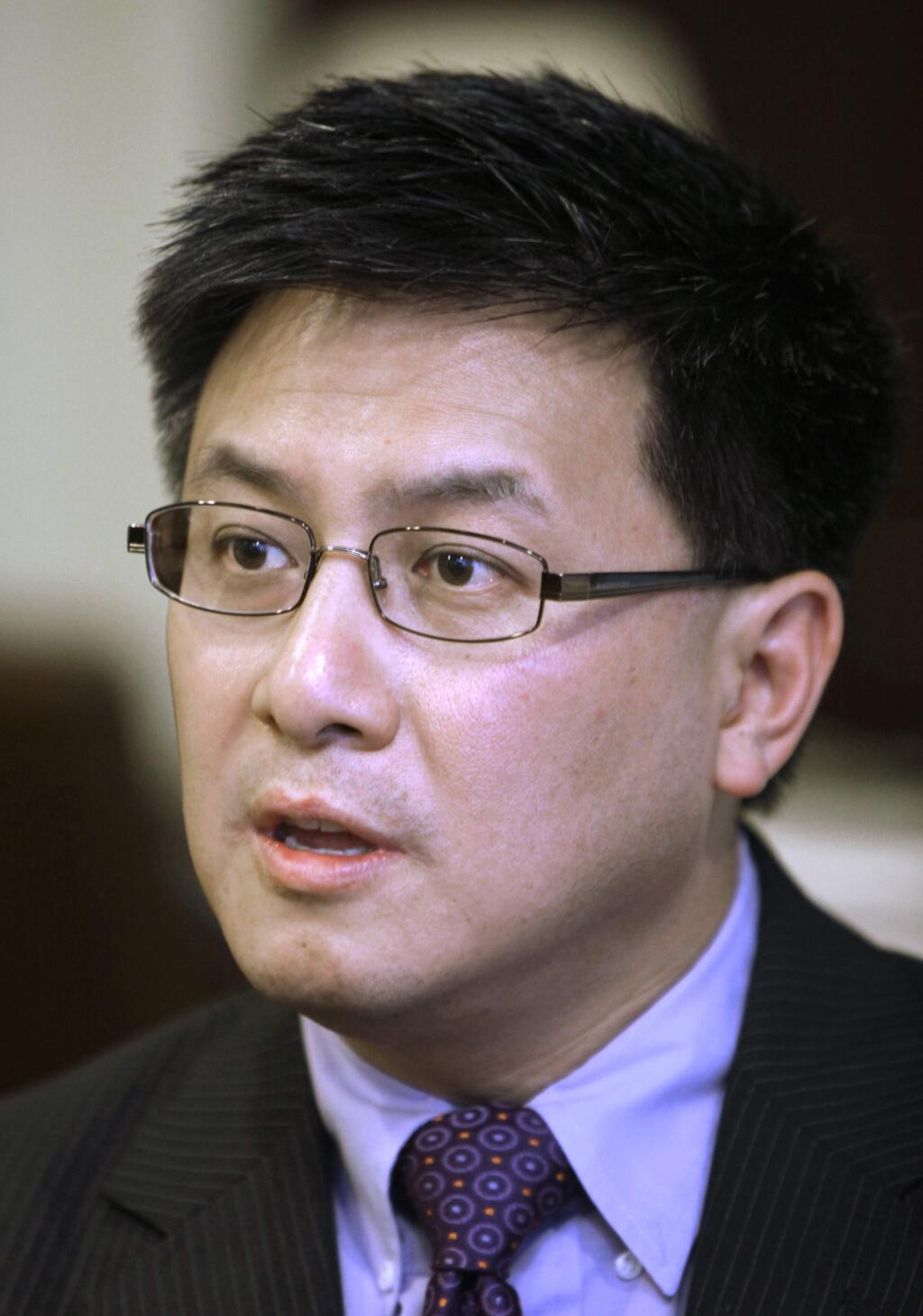 FILE - This June 21, 2011 file photo shows California Controller John Chiang during an interview with the Associated Press in Sacramento, Calif. State Treasurer Chiang announced Tuesday, May 17, 2016, that he's formed a campaign committee and will begin raising money to run for governor in 2018. Chiang, a Democrat, is the son of immigrants from Taiwan and would become California's first Asian governor. (AP Photo/Rich Pedroncelli, File)