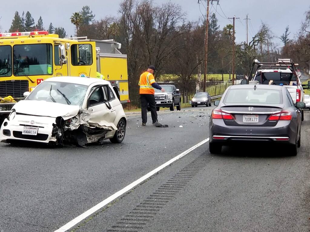 A two-car crash on Highway 12 near Kenwood sent one person to the hospital on Thursday, March 8, 2018. (REGGIE GUILLORY/ PD)