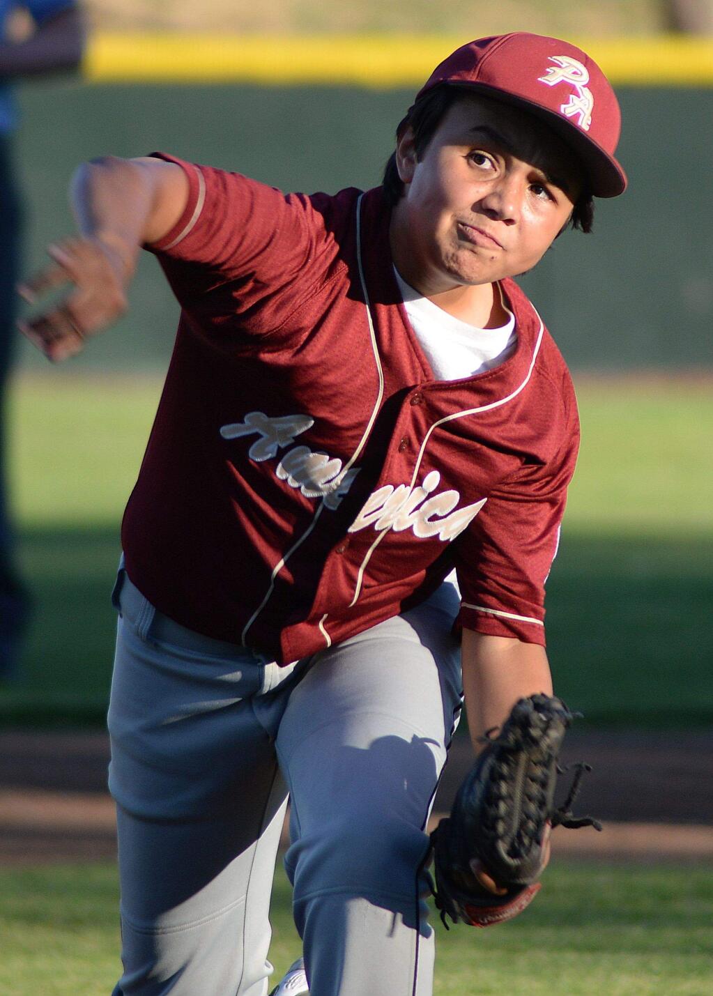 SUMNER FOWLER/FOR THE ARGUS-COURIERUnique Insurance's Jacob Trujillo will next pitch for the Petaluma American Little League All-Star team.