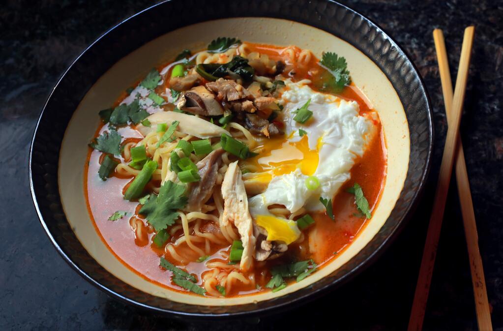 Windsor resident Tyffani Sedgwick makes an easy weeknight ramen. First she throws away the seasoning package and uses store bought broth, pantry seasonings and whatever protein and vegetables she has in the fridge. (photo by John Burgess/The Press Democrat)