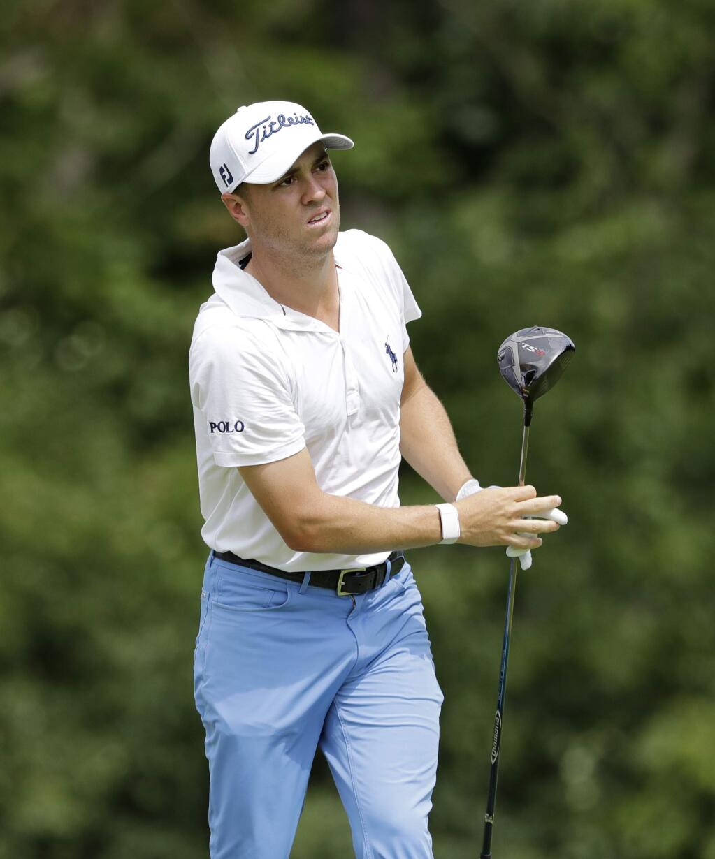 Justin Thomas watches his tee shot on the fifth hole during the final round of the BMW Championship golf tournament at Medinah Country Club, Sunday, Aug. 18, 2019, in Medinah, Ill. (AP Photo/Nam Y. Huh)