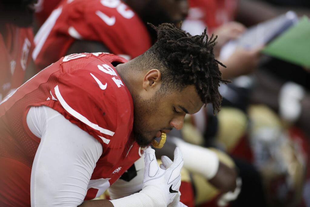 San Francisco 49ers defensive end Arik Armstead on the bench during the first half against the New Orleans Saints Sunday, Nov. 6, 2016, in Santa Clara. (AP Photo/D. Ross Cameron)