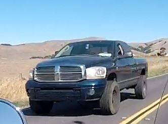 Authorities are searching for the driver of a dark blue Dodge Ram pickup, pictured in this image taken by passerby, that struck four cyclists southwest of Petaluma on Oct. 7, 2017. (Photo courtesy of the CHP)
