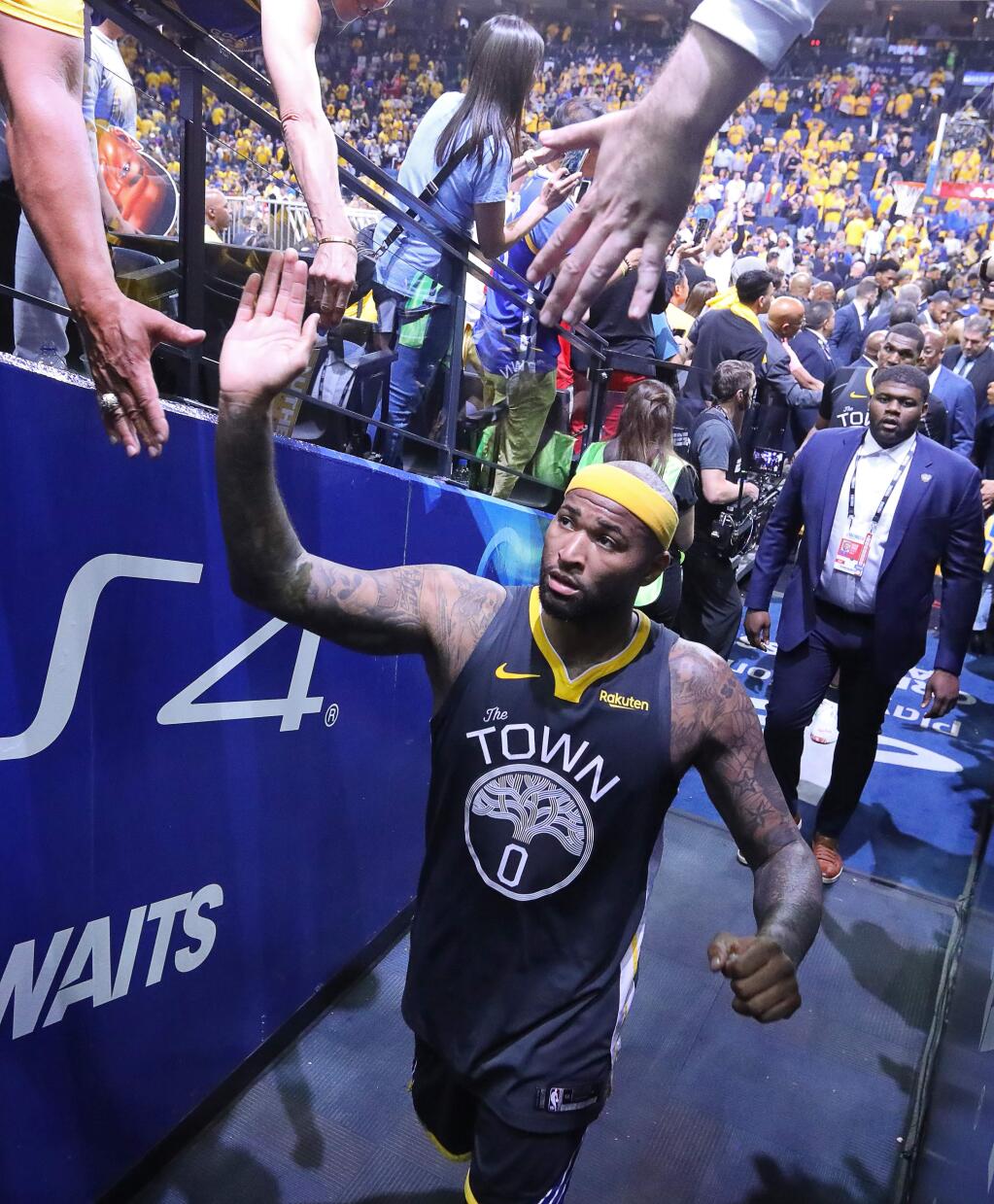 Golden State Warriors center DeMarcus Cousins leaves the court after his team lost to the Toronto Raptors during game 6 of the NBA Finals in Oakland on Thursday, June 13, 2019. (Christopher Chung/ The Press Democrat)