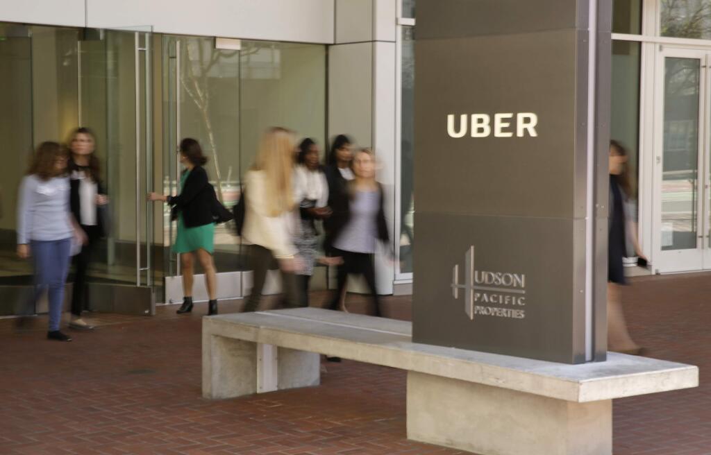 This Wednesday, March 1, 2017, photo shows an exterior view of the headquarters of Uber in San Francisco. (AP Photo/Eric Risberg)