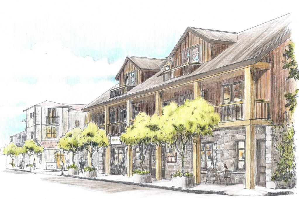 View looking east down West Napa St. to the Hotel Sonoma, as proposed by Kenwood Investments. The proposed 80-seat restaurant is in the foreground. (Keith Wicks Concept & Design)