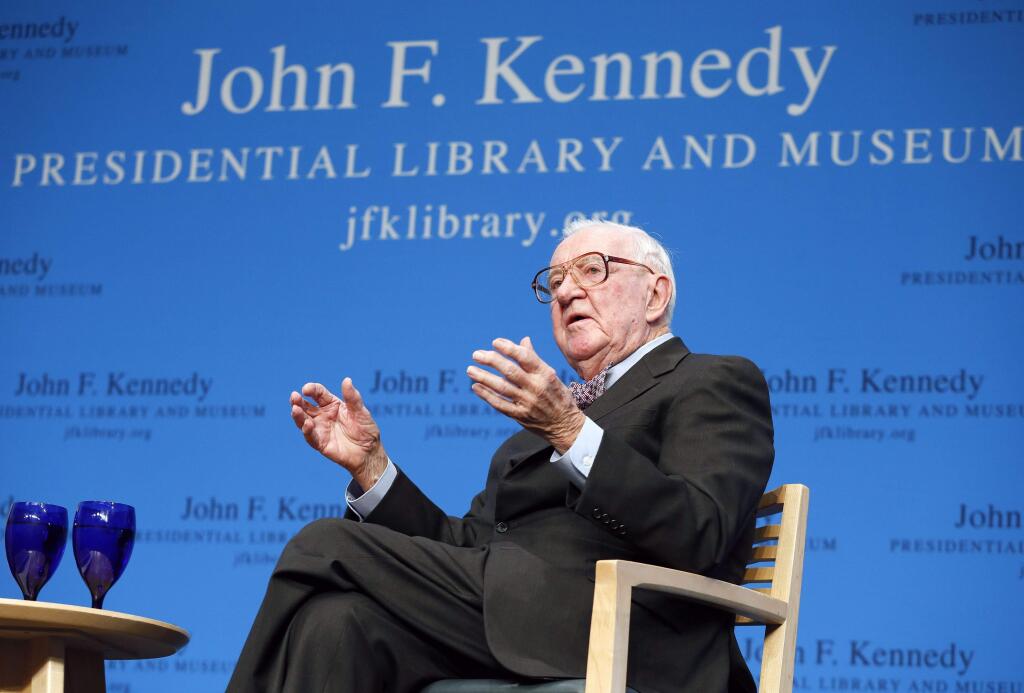 FILE - In this May 20, 2013 file photo, retired U.S. Supreme Court Justice John Paul Stevens talks about his views and career during a forum at the John F. Kennedy Library in Boston. Stevens, who served on the Supreme Court for nearly 35 years and became its leading liberal, has died on Tuesday, July 16, 2019, at age 99. (AP Photo/Michael Dwyer, File)