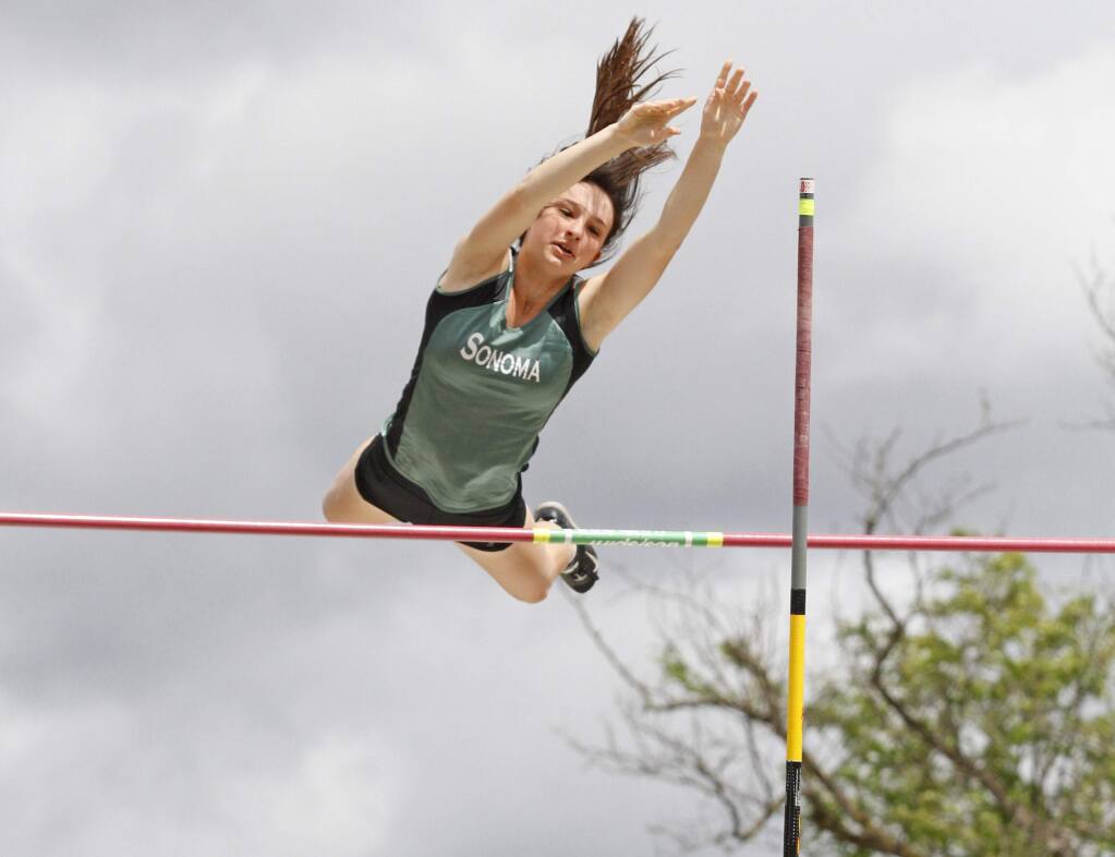 Sonoma Valley pole vaulter Isabel Garon clears the bar at 11 feet during a 2016 meet, when she was an SVHS senior. Garon, now at the University of Chicago, is currently ranked 11th in the nation and will compete in the 2019 NCAA Indoor Track and Field Championships, in Boston. (Bill Hoban / Index-Tribune )