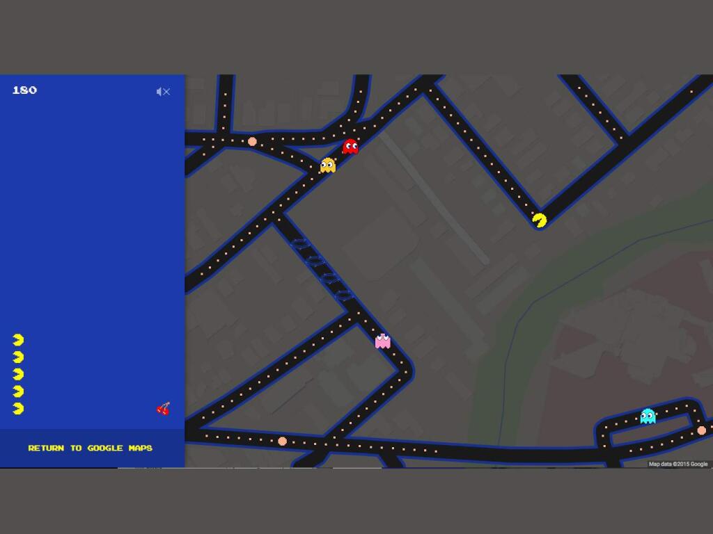 This screenshot made Tuesday, March 31, 2015 shows the 4th Street and College Avenue intersection (located where the Red Ghost is) in Santa Rosa on Google Maps. Google added the option to convert its popular navigation service into the Pac-Man video game in celebration of April Fools' Day. (PD/Google Maps)