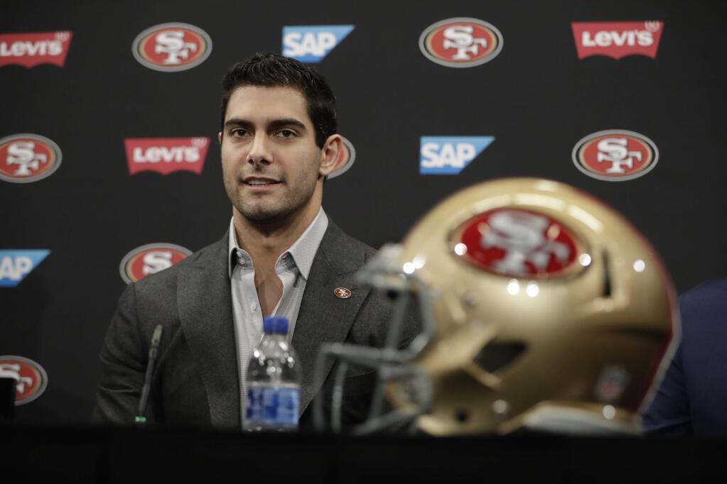 San Francisco 49ers quarterback Jimmy Garoppolo during a press conference Friday, Feb. 9, 2018, in Santa Clara. Garoppolo signed a five-year contract with the 49ers worth a record-breaking $137.5 million. (AP Photo/Marcio Jose Sanchez)