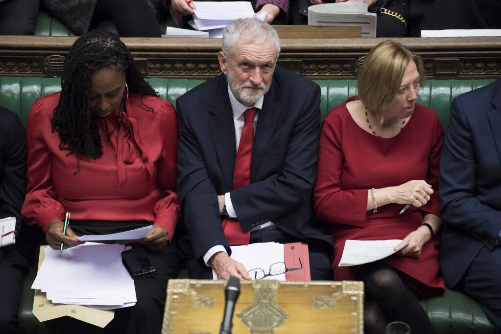 Britain's opposition Labour Party leader Jeremy Corbyn speaks during a debate before a government no-confidence vote in the House of Commons, London, Wednesday Jan. 16, 2019. Prime Minister Theresa May has won a no confidence vote later Wednesday. (Jessica Taylor, UK Parliament via AP)
