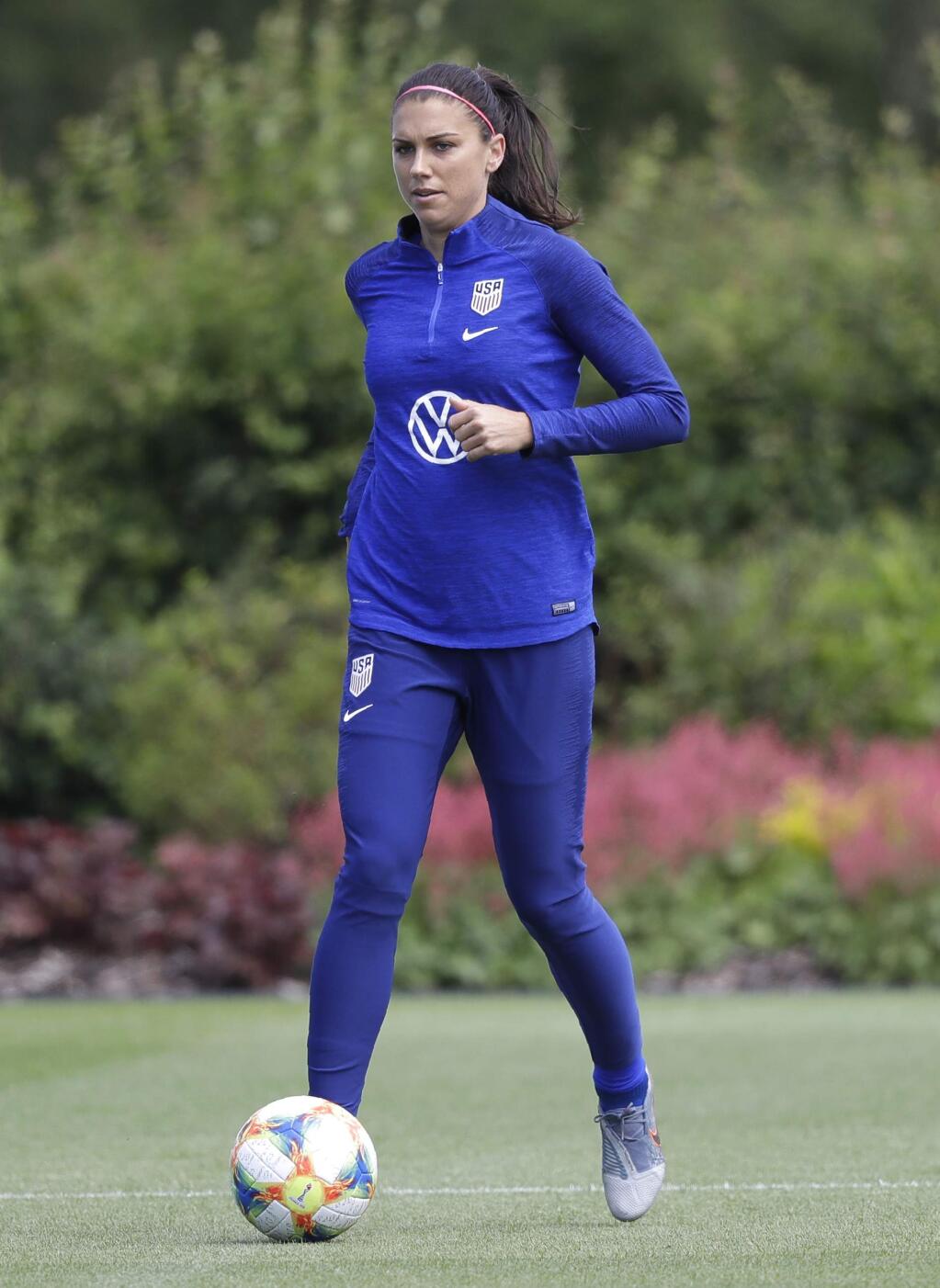 US player Alex Morgan during a US womens soccer team training session at the Tottenham Hotspur training centre in London, Thursday, June 6, 2019. The Women's World Cup starts in France on June 7. (AP Photo/Kirsty Wigglesworth)