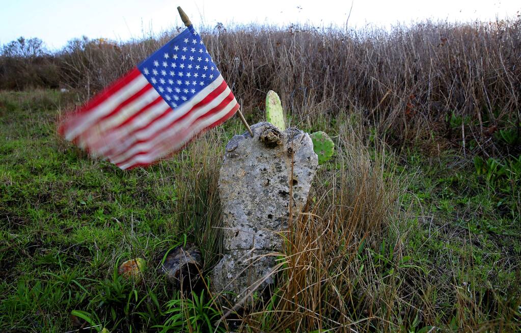 A small flag stuck into a cactus flaps in the wind on the hillside adjacent to where the residential structures for the Drakes Bay Oyster Company once stood, on Tuesday, January 5, 2016. (Christopher Chung/ The Press Democrat)