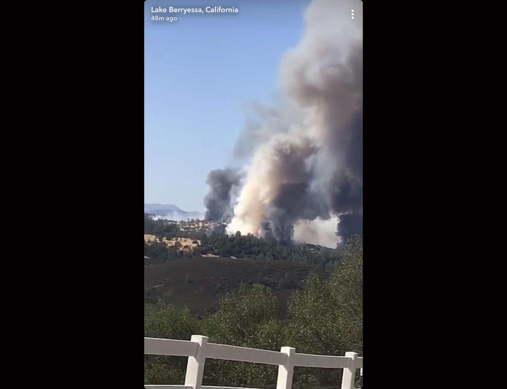 A 35-acre wildland fire on Saturday afternoon has forced the evacuation of Napa County residents from homes near the northwestern edge of Lake Berryessa. (Snapchat)
