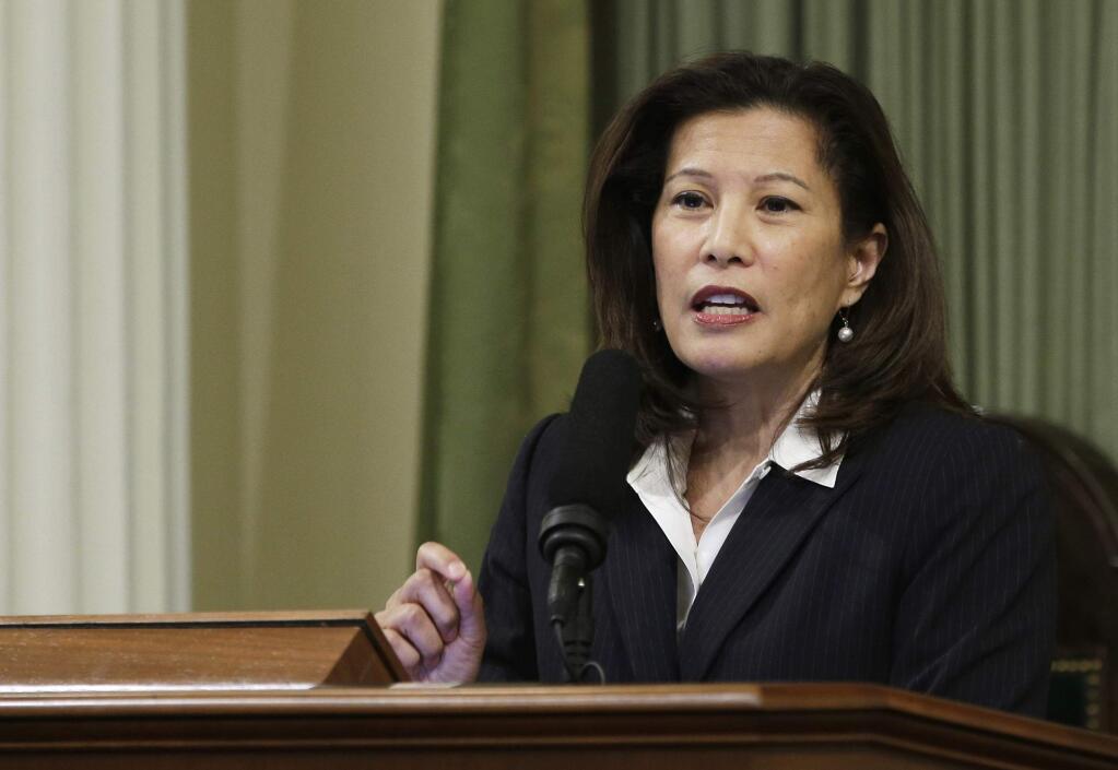 FILE - In this March 23, 2015, file photo, California Supreme Court Chief Justice Tani Cantil-Sakauye delivers her State of the Judiciary address before a joint session of the Legislature at the Capitol in Sacramento, Calif. (AP Photo/Rich Pedroncelli, File)