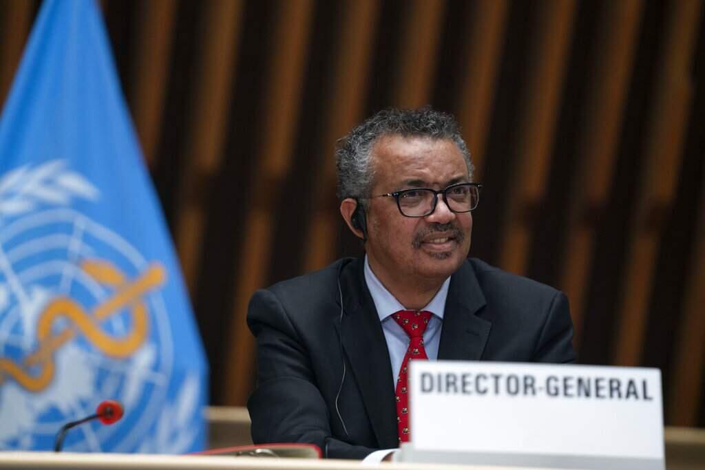 Tedros Adhanom Ghebreyesus, Director General of the World Health Organization, attends the 147th session of the WHO Executive Board session in Geneva, Switzerland, Friday, May 22,2020. (WHO/Christopher Black via AP)