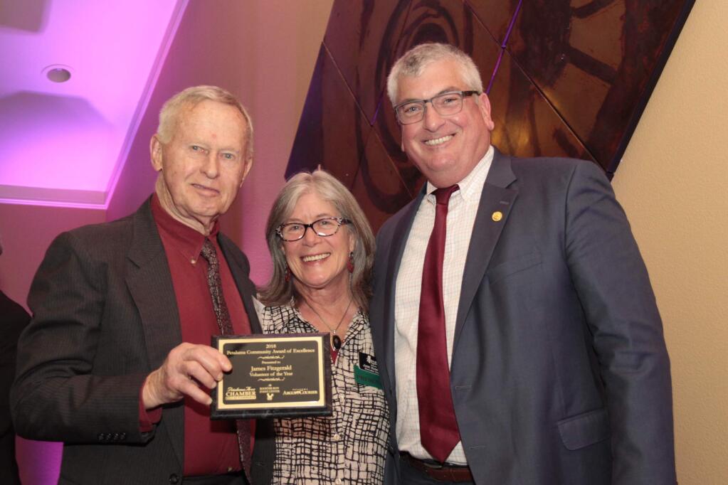 Volunteer of the Year goes to James Fitzgerald with presenter Jane Hamilton and David Rabbitt at the 2018 Petaluma Awards of Excellence held on April 5, 2018 at the Rooster Run Golf Club in Petaluma, CA. JIM JOHNSON for the Argus Courier.