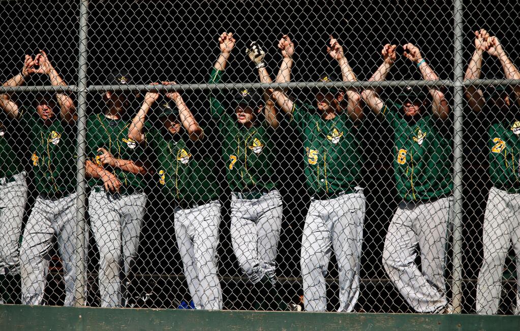 Casa Grande players watch the action from the dugout during a varsity baseball game between Casa Grande and Maria Carrillo high schools in Santa Rosa, California on Wednesday, March 30, 2016. (Alvin Jornada / The Press Democrat)