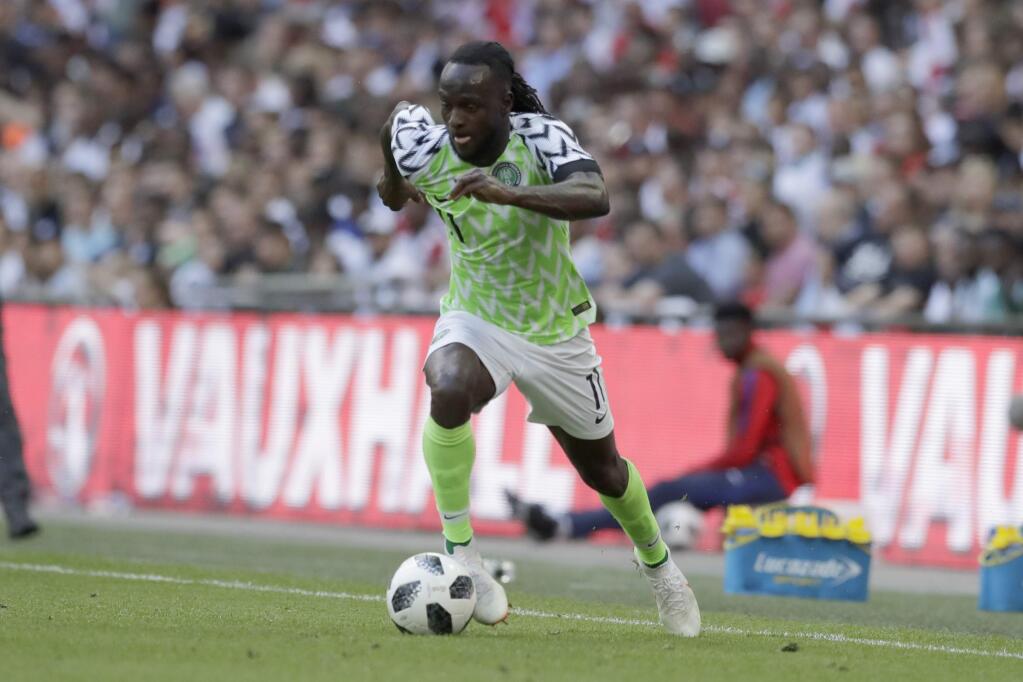 Nigeria's Victor Moses during a friendly soccer match between England and Nigeria at Wembley Stadium in London, Saturday, June 2, 2018. (AP Photo/Matt Dunham)