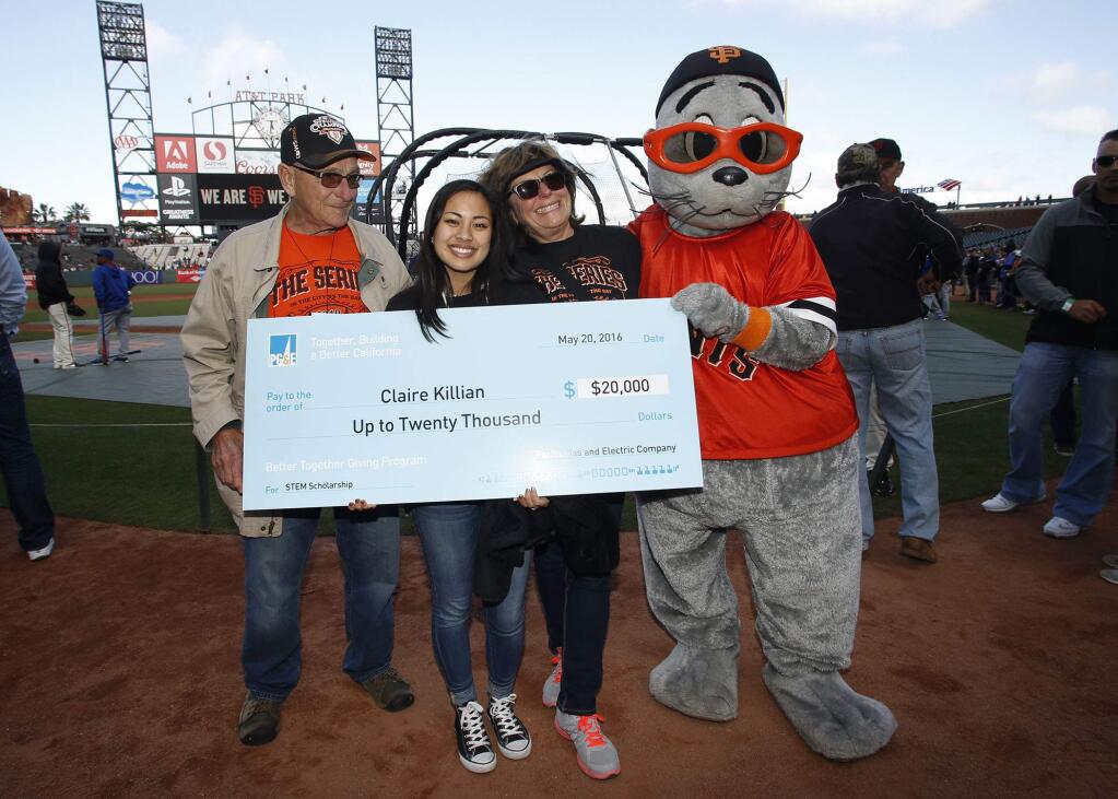 Casa Grande High student Claire Killian received a $20,000 annual scholarship from Pacific Gas and Electric Company on Friday, May 20, 2016, at AT&T Park in San Francisco before the San Francisco Giants game. Killian was one of 10 California students to receive college funding from the PG&E Better Together scholarship program. ( SUZANNA MITCHELL / San Francisco Giants )