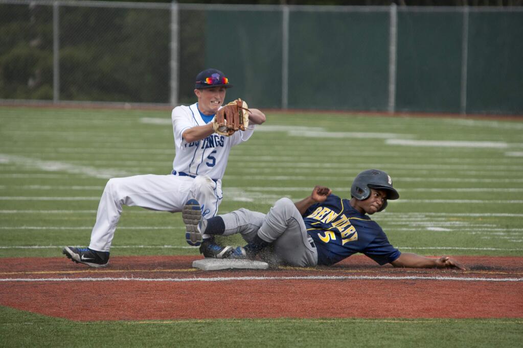 JOHN O'HARA FOR THE ARGUS-COURIERBentley's Josh Smith slides in ahead of a throw to St. Vincent's Ryan Lowry. St. Vincent won the NCS playoff game, 9-3.