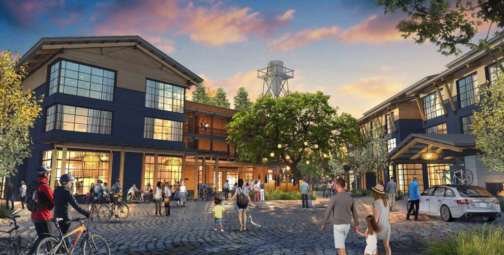 The Mill District stands to reimagine the main entry into Healdsburg from the Highway 101 Central Healdsburg off-ramp. The mixed-use project from resort developer Replay includes a 53-room hotel with retail space below it near the city's roundabout on Healdsburg Avenue. (Replay)