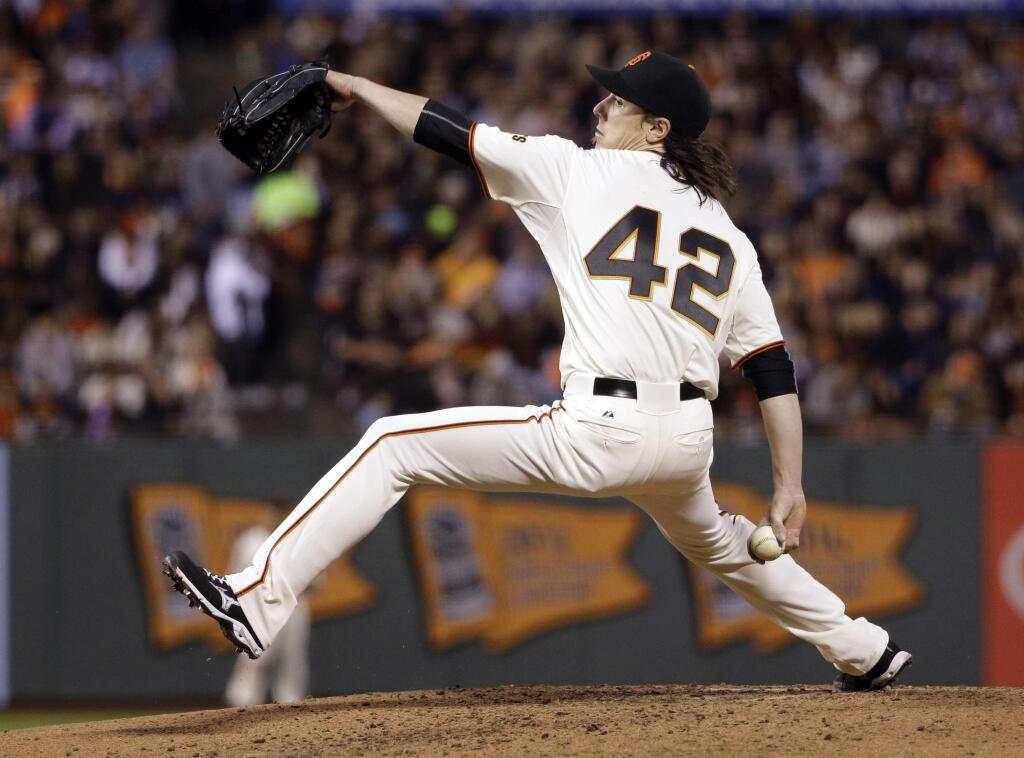 San Francisco Giants starting pitcher Tim Lincecum throws to the Colorado Rockies during the second inning of a game Wednesday, April 15, 2015, in San Francisco. (AP Photo/Marcio Jose Sanchez)