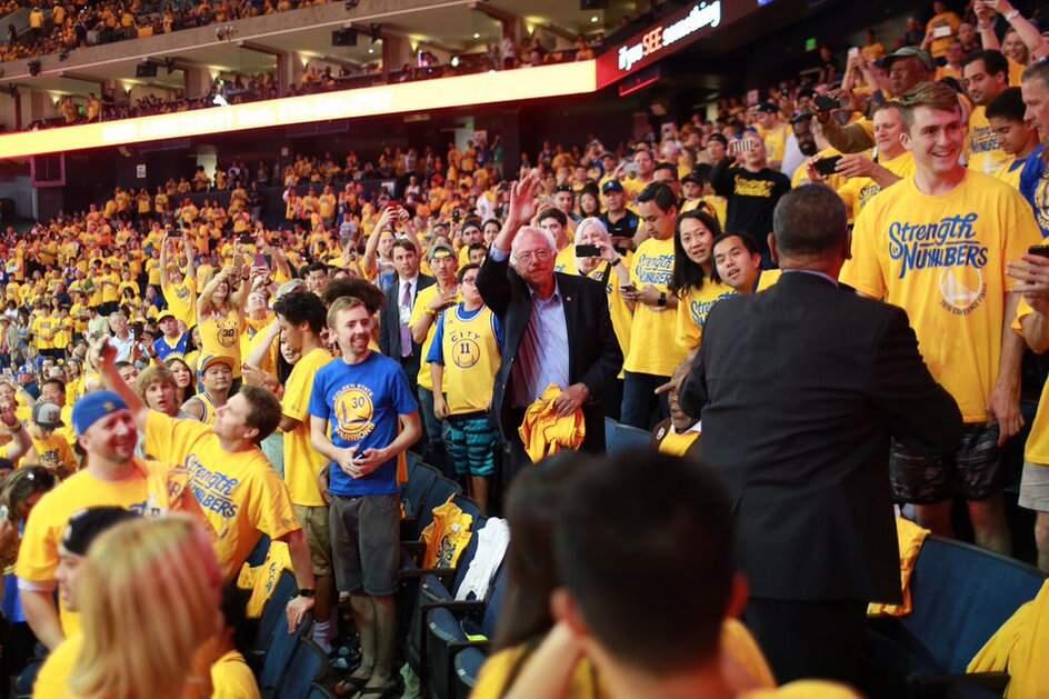 Bernie Sanders watches the Warriors play the Thunder at Oracle Arena in Oakland on Monday, May 30, 2016. (@BERNIESANDERS)