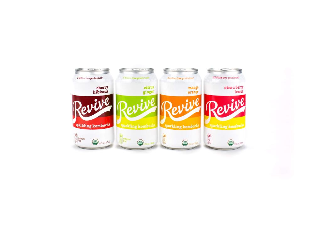 Revive Kombucha has introduced four flavors for its new sparkling drink line: mango orange, cherry hibiscus, strawberry lemon, and citrus ginger. (Revive Kombucha)