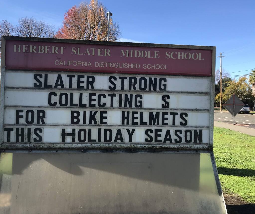 Students at Slater Middle School in Santa Rosa have been raising money to buy helmets to hand out as part of a bicycle giveaway just before Christmas to kids who lost homes in Coffey Park and Mark West Springs. (Photo by Sandi Martin)