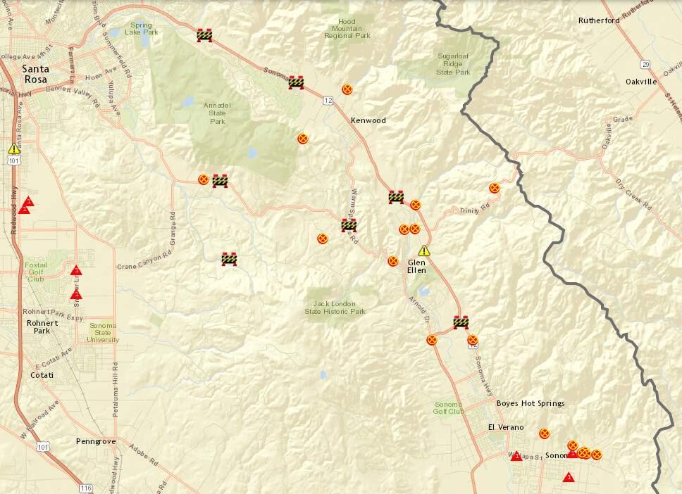 Map of road closures in the Sonoma Valley, morning of Wednesday, Oct. 18. (Sonoma County Transportation and Public Works)