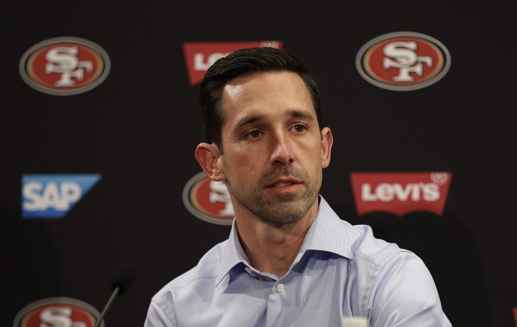 San Francisco 49ers head coach Kyle Shanahan answers questions from reporters during a media conference Friday, March 10, 2017, in Santa Clara. (AP Photo/Ben Margot)