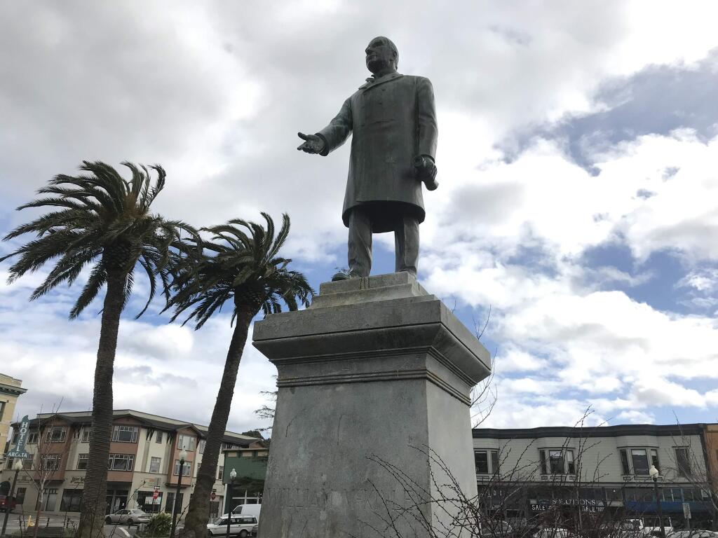 A statue of President William McKinley that has stood in the central plaza in Arcata since 1906 may be removed. (JAWEED KALEEM / Los Angeles Times)