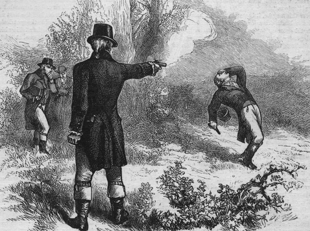 An engraved illustration of the infamous duel between the former Secretary of the Treasury Alexander Hamilton and sitting Vice President Aaron Burr, on July 11 1804