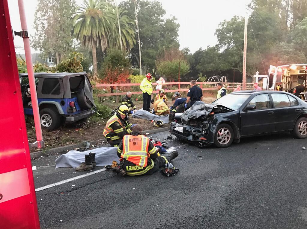 Emergency crews at the scene of a crash in Forestville early Tuesday, Oct. 18, 2016. (COURTESY OF GRATON FIRE CHIEF BILL BULLARD)