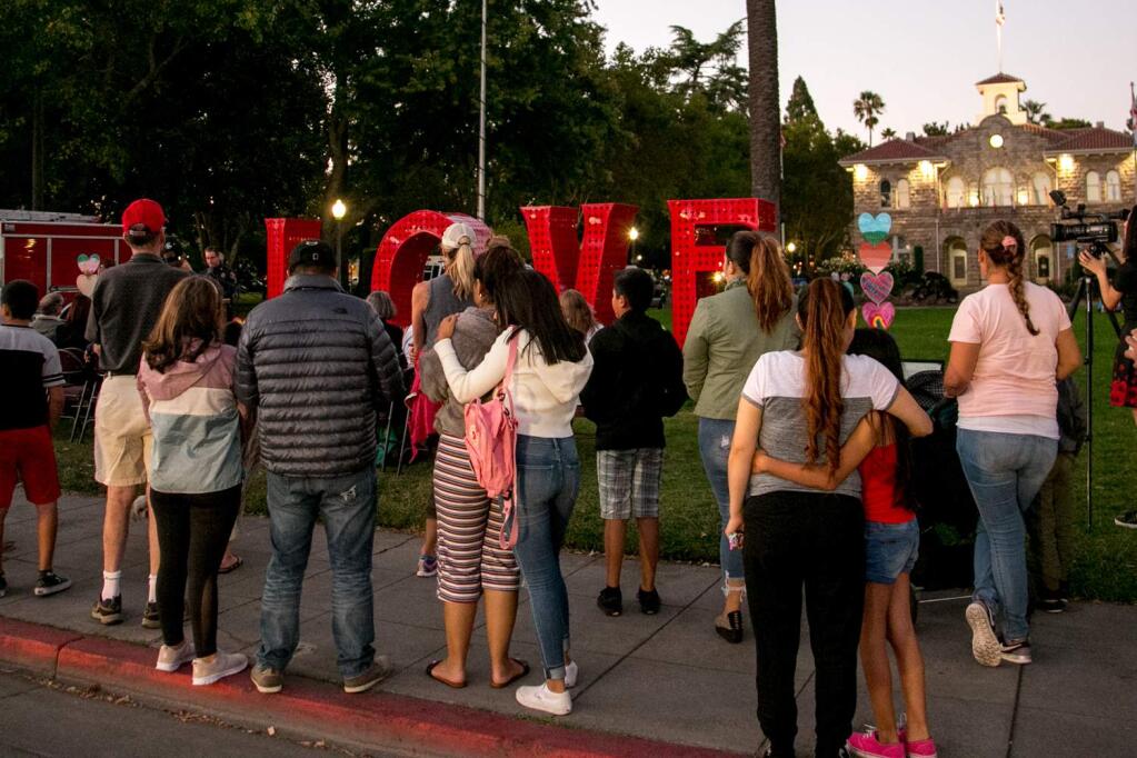 Sonomans feel the love at the Plaza commemoration of the one-year anniversary of the wildfires, Sunday, Oct. 7, 2018. (Photo by Julie Vader/special to the Index-Tribune)