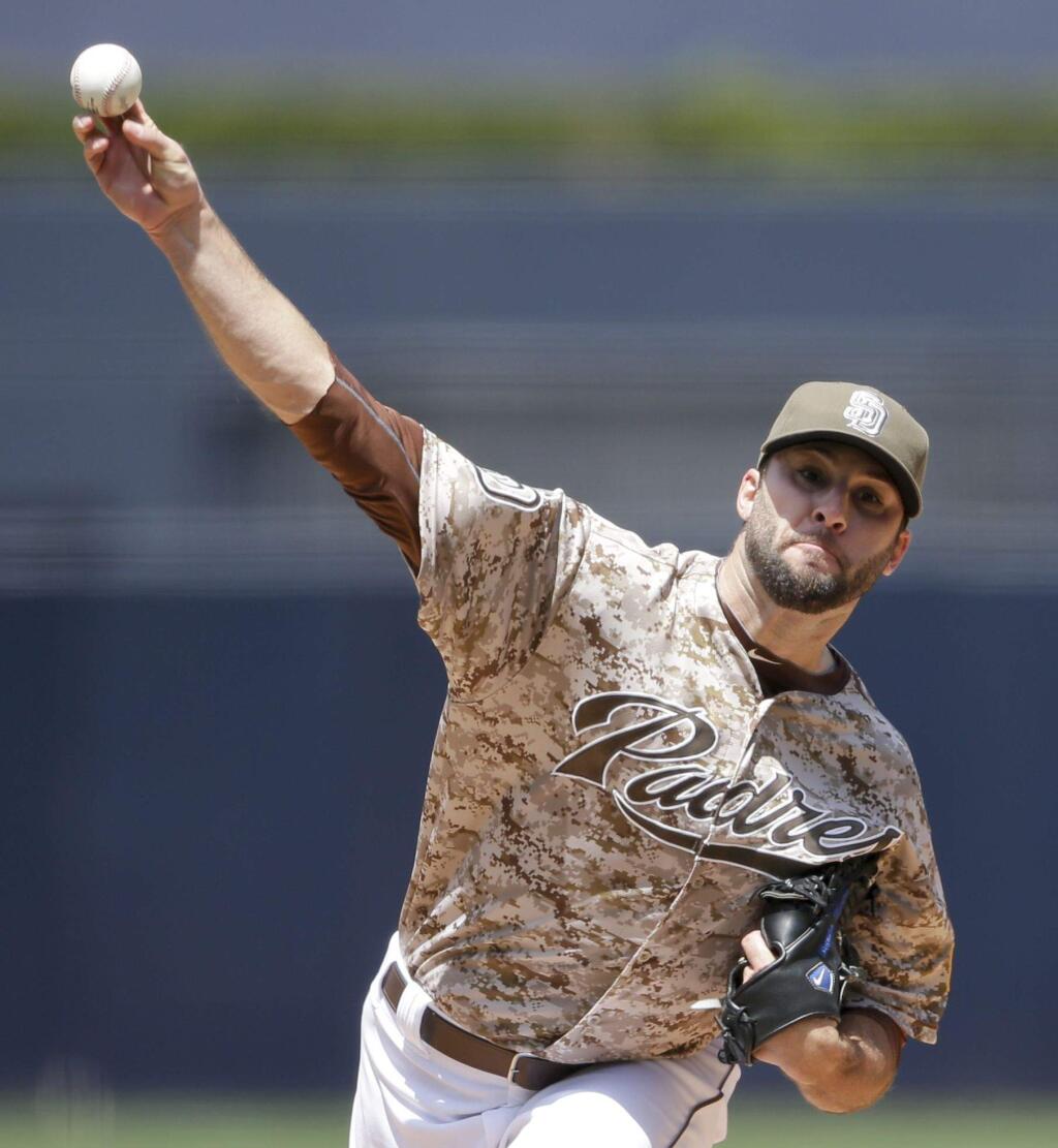 San Diego Padres pitcher Brandon Morrow throws against the Los Angeles Dodgers during the first inning Sunday, April 26, 2015, in San Diego. (AP Photo/Gregory Bull)
