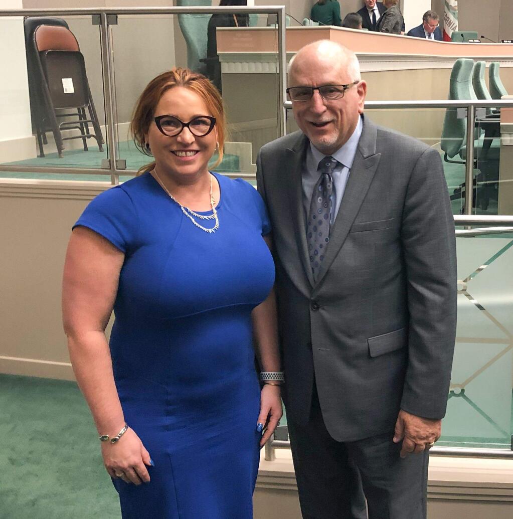 PHOTO FROM SONOMA COUNTY OFFICE OF EDUCATIONSonoma County Superintendent of Schools Steve Herrington with Piner High School teacher Zoe Miller at State Assembly hearing on wildfires' impact on schools.