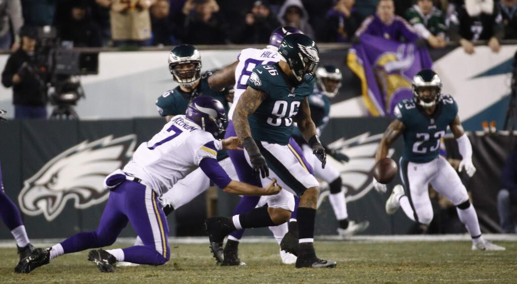 Minnesota Vikings' Case Keenum fumbles the ball during the first half of the NFL football NFC championship game against the Philadelphia Eagles Sunday, Jan. 21, 2018, in Philadelphia. The Eagles recovered. (AP Photo/Patrick Semansky)