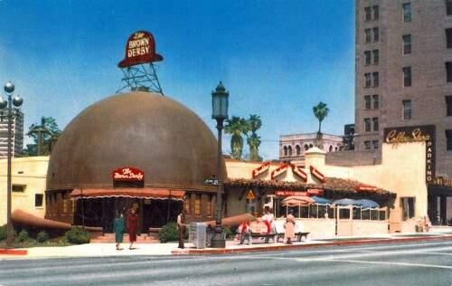 The original Brown Derby Restaurant on Wilshire Boulevard in Los Angeles.