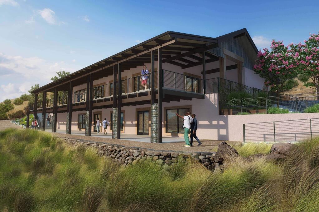 Close up rendering of the soon to be rebuilt Paradise Ridge hospitality center overlooking the Russian River Valley scheduled for completion by fall of 2019. (Rendering courtesy of TLCD Architecture).