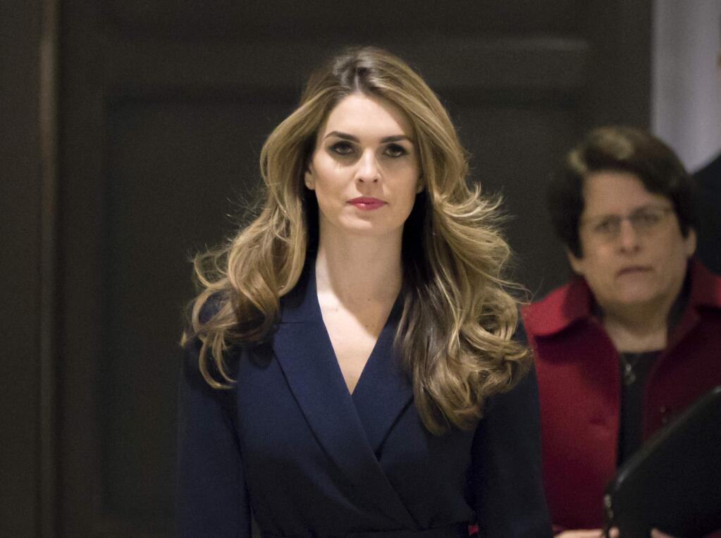 In this Feb. 27 2018 photo, White House Communications Director Hope Hicks, one of President Trump's closest aides and advisers, arrives to meet behind closed doors with the House Intelligence Committee, at the Capitol in Washington. (AP Photo/J. Scott Applewhite)
